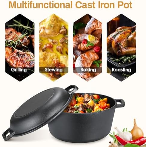 TLGREEN Cast Iron Dutch Oven 6.7QT Pot 2.5QT Skillet Lid Silicone Holders