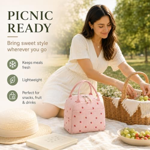 Bluboon Lunch Box for Women Cute Lunch Bag Reusable Insulated Lunch Bags Large Capacity Lunchbox Cooler for Work Picnic or Travel Gifts (Cute Pink Strawberry Black Dots, 10 x 7.5 x 8 inches)