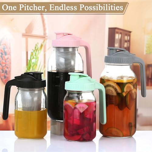 2 Pack 64oz (2 quart) Glass Pitcher with Handle and Lid, Mason Jar Pitcher