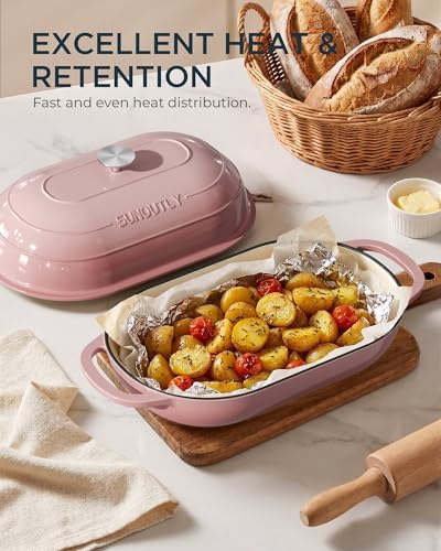 Enameled Cast Iron Bread Oven, 5QT Cast Iron Dutch Oven for Homemade Sourdough Bread Baking, Oval Bread Pot with Dome Lid & Cotton Potholders, Gentle Pink