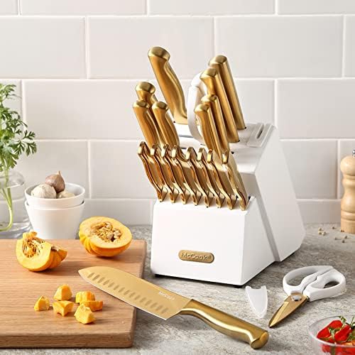 McCook® Kitchen Knife Sets, Golden Titanium Stainless Steel Knives Block Set with Built-in Sharpener, 20 Piece Knives, Restaurant Grade Sharp, Elegant Gold & Stylish Wooden Block for Modern Culinary