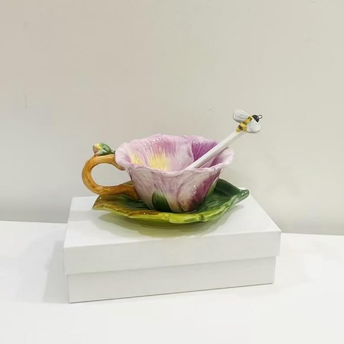 Ceramic Pansy Coffee Cup and Saucer Set with Spoon,6OZ 3D Hand-Painted Flower Tea Mug,Gift for Women (Lilac)