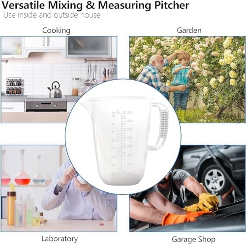 1 Gallon Measuring Pitcher-Convenient Conversion Chart,134oz Extra Large Plastic Measuring Cup-Strong Food Grade Material,Graduated Mixing Pitcher Great for Lawn,Pool Chemicals, Motor Oil and Fluids
