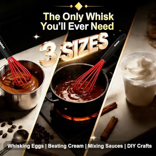 Anaeat Silicone Whisk, Thick Stainless Steel Wire Inner - Heat Resistant Kitchen Whisks for Non-Stick Cookware, Balloon Egg Beater for Whisking, Blending, Beating, Frothing & Stirring (Red)