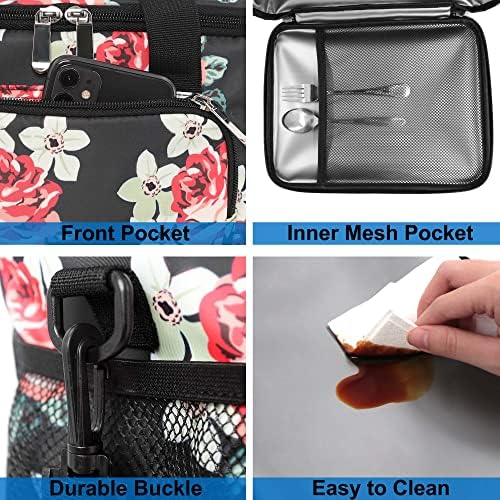 Femuar Lunch Bags for Women/Men, Insulated Lunch Bag for Work Office Picnic - Lunch Cooler Bag Leakproof Lunch Box with Adjustable Shoulder Strap - Black Floral