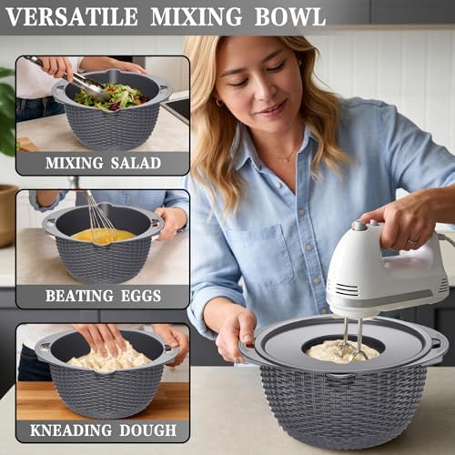 4-1 Colander with Lid Set - Rotatable Strainer With Bowl(Patented), Pasta Strainer with New Upgraded Graters, Strainer And Colanders, Fruit Cleaner, Veggie Wash, Apartment Kitchen Gadgets - Grey