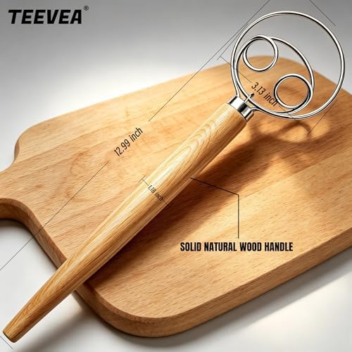 TEEVEA Danish Dough Whisk Stainless Steel Wooden Handle for Sourdough Bread