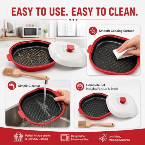 Microwave Grill Pan with Lid,Nonstick Grill Plate,Red