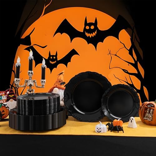 U-QE 100PCS Black Plastic Plates, Heavy Duty Black Plates Halloween