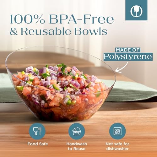 Posh Setting Crystal Clear, Disposable Premium Hard Plastic Medium Angled Bowl, Party, Salad, Snack and Fruit Bowl 10 Pack