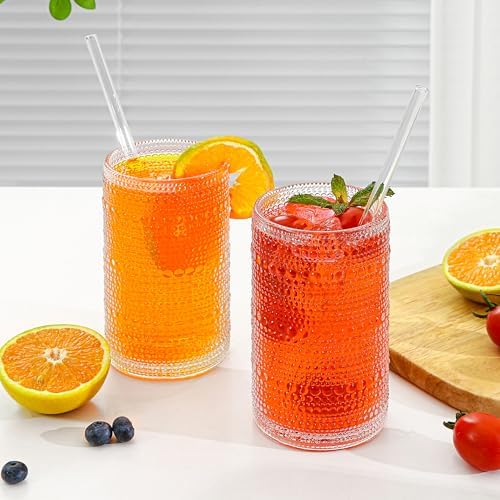 Large Vintage Hobnail Drinking Glasses Set of 6, 16oz Clear Highball Glasses Cups, Kitchen Water Glasses Cup, for Cocktail, Juice, Whiskey, Milk and Various Mixed Drinks