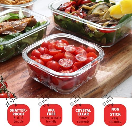 EATEX 16pc Glass Food Storage Containers with Lids, Airtight Glass Meal Prep Containers, 8 Reusable Food Storage Bins with 8 Leakproof Snap Lock Lids, Oven Microwave Freezer Safe Containers New
