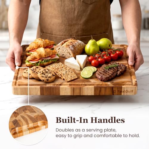 14x10 End Grain Teak Cutting Board with Juice Groove, Non-Slip