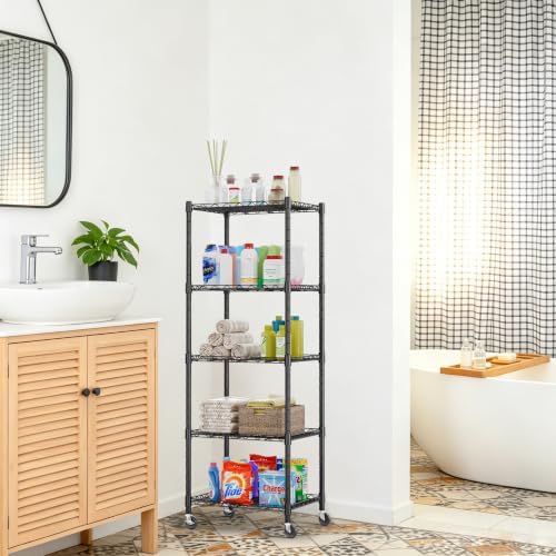 REGILLER 5-Wire Shelving Metal Storage Rack Adjustable Shelves,Standing Storage Shelf Units for Laundry Bathroom Kitchen Pantry Closet(Black,11.8" D x 16.6" W x 53.5" H,With Wheels)