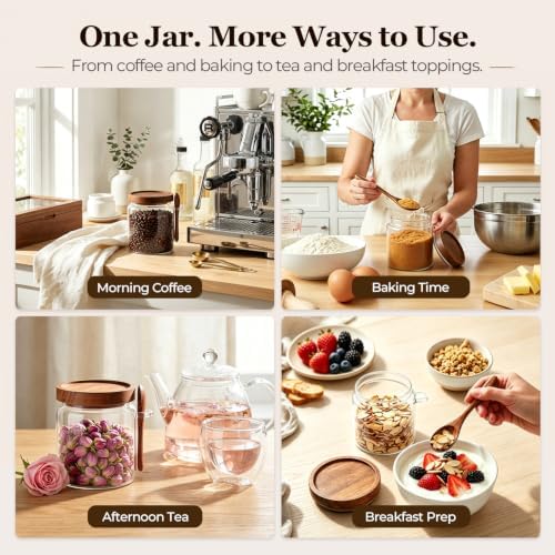 ComSaf Sugar Jars with Acacia wood Lids and Spoons 0.5Qt 2Pack, Decorative