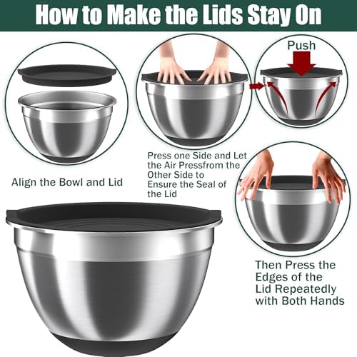 Mixing Bowls with Airtight Lids Set, 4 Stainless Steel Bowls Nesting Bowls & Colander, Kitchen Organizers and Storage Non-Slip Bottom, Size 1.5/2.0/2.5/4.5QT, Great for Mixing & Serving, Black