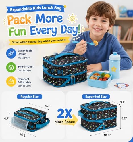 Expandable Lunch Box Kids,Cute Cartoon Insulated Lunch bag for Kids Boys Girls Portable Double-Capacity Lunchbox Special Design for school Picnic Outdoor