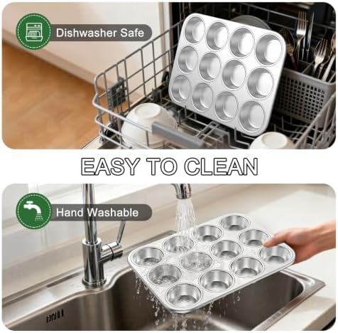 12-Cup Stainless Steel Muffin Pan, Cupcake Pan Metal Muffin Baking Tins for Oven & Dishwasher Safe, Cupcake Pans for Baking Non-toxic & Easy Clean Set of 2 