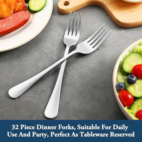 32 Piece Dinner Forks Set, Food-Grade Stainless Steel Silverware Forks, Cutlery Fork, Metal Fork for Home, Kitchen or Restaurant, Mirror Polished, Dishwasher Safe - 8 Inch