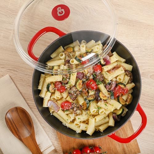 Crock Pot Artisan 5-Quart Enameled Cast Iron Braiser Pan With Oven Safe Borosilicate Glass Lid, Everyday Covered Skillet for Searing, Roasting, and Baking, Red