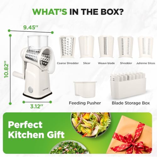 NutriChef 5 in 1 Cheese Grater & Shredder | 5 Different Blades for Thin, Thick, Julienne Strips, Wavy, & Straight Strips | Includes Hand Crank, Strong Suction Base & Storage Container | White