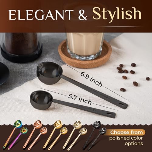 Orblue Premium Coffee Scoop Set - 1 Tbsp (15ml) & 2 Tbsp (30ml) Measuring Tablespoon - Stainless Steel Coffee Measuring Spoon and Scooper with Long Handles - Pack of 2 Black