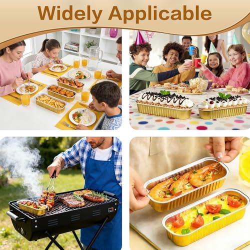 Mini Cake Pans With Lids And Spoons 50 Pack,6.8 oz Rectangle Mini individual Loaf Pans Disposable Aluminum Foil Small Baking Cups Tins (50, gold)