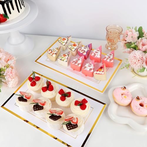 Mwellewm 12 Pcs White Plastic Serving Trays with Gold Rim, 14''x9'' Rectangle Dessert Trays for Dessert Table, Disposable Platters Cookie Cupcake Gold Serving Tray for Birthday Party Wedding