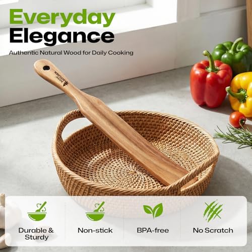 AIUHI Wooden Spurtle for Sourdough Starter, Teak Wood Spatula Turner for Kitchen, Dough Whisk for Stirring, Mixing and Scraping