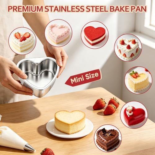 TeamFar 3 PCS Heart Cake Pan, 4 Inch Stainless Steel Heart Shaped Cake Pans