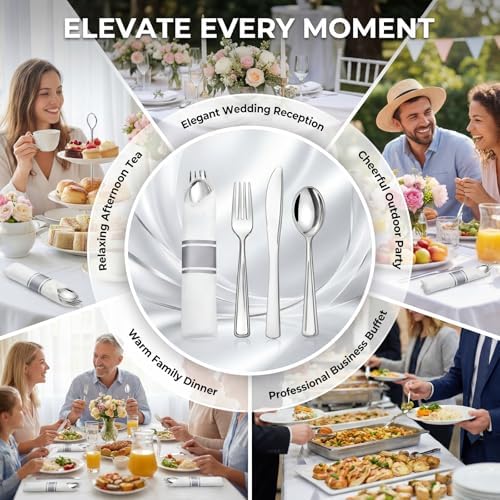 Liacere 100 Pack Silver Plastic Silverware-Pre Wrapped cutlery and Napkin-Pre Rolled Silverware Disposable 100 Forks, 100 Knives 100 Spoons, 100 Napkins Plastic Utensils&Wedding