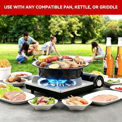 Detachable Grill Pan & Butane Stove Combo with Safety Auto-Eject | Portable Suitcase Design for Camping, Tailgating, Picnics, Indoor/Outdoor Cooking & Hot Pot