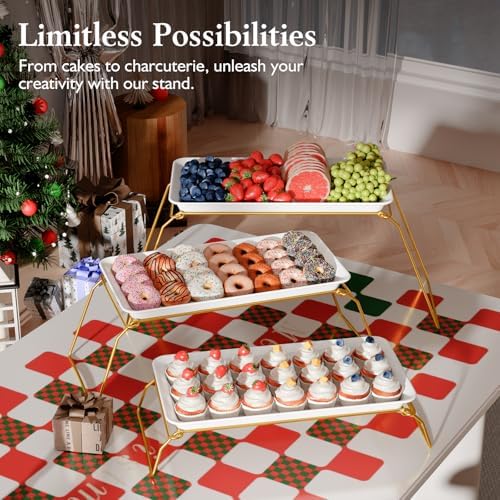 Bumusty Large 3-Tier Melamine Serving Tray Set, 17 x 8.7 in, Gold Stand