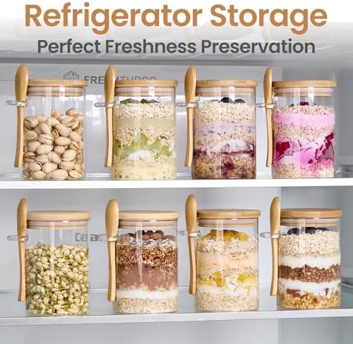 6 Pack Overnight Oats Containers with Bamboo Lids and Spoons - 22 oz Airtight Glass Jars with Lid, Meal Prep Jars for Chia Pudding, Yogurt, Salad, Cereal, Coffee, Flour | Food Storage Canister