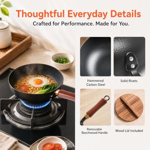 WANGYUANJI 8-Inch Carbon Steel Wok with Lid, Flat Bottom, Gas and Induction