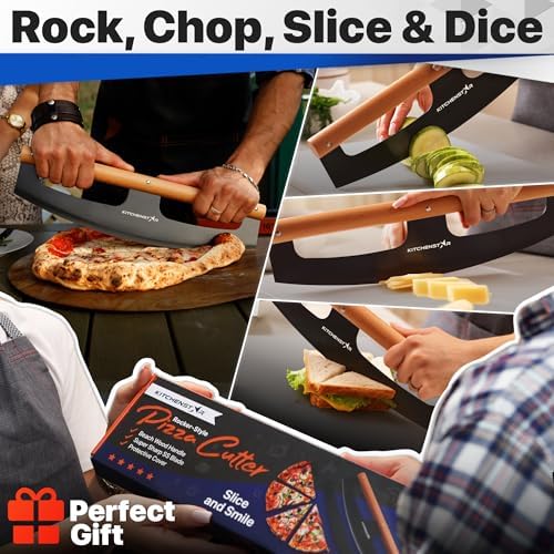 KitchenStar 14-Inch Pizza Cutter Rocker Blade - Razor Sharp Stainless Steel Slicer Knife, Stylish Beech Wood Handle, Protective Cover - Professional Pizza Oven Accessories, Black