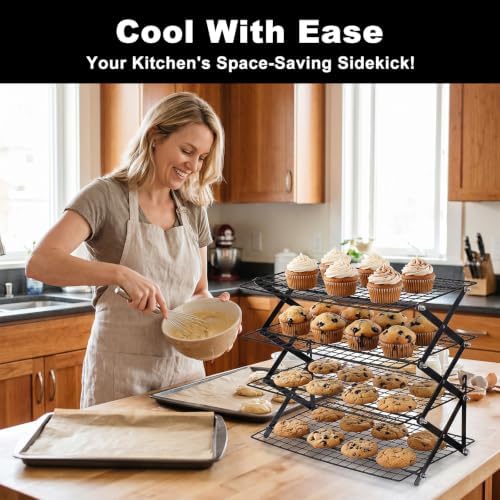 4 Tier Cooling Rack Adjustable Stackable Non-Stick Wire Rack Stainless Steel Baking Racks with Leak-Proof Mesh X-Shaped Structure for Roasting Cooking Cookies Cakes Drying Picnic Party