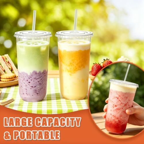 Alaeseje 50 Pack 20 oz Clear Plastic Iced Coffee Cups with Lids and Straws