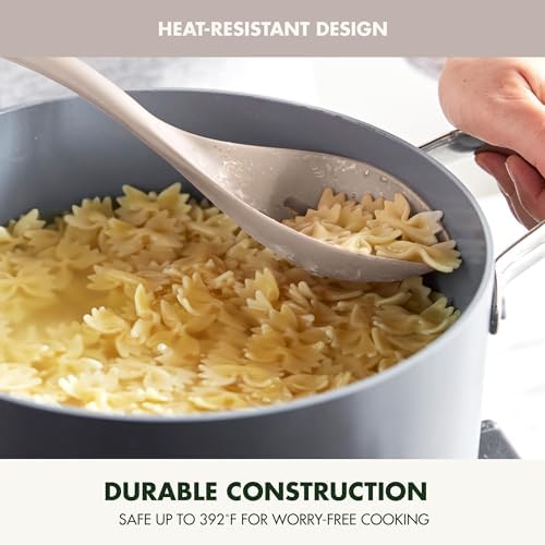 GreenPan Silicone Slotted Spoon, Cooking Kitchen Utensil, Mixing Stirring Serving, Flexible Rubber Nonstick Cookware, Rigid Steel Core Heat-Resistant, Anti-Slip Handle, BPA-Free Dishwasher Safe, Taupe