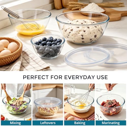 E-far Glass Mixing Bowls with Airtight Lids Set for Cooking Prep Serving