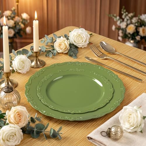 Tinybee 60PCS Green Plastic Plates - Heavy Duty Green Disposable Plates
