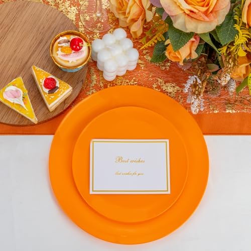 PULOTE 100PCS Orange Plastic Plates - Premium Hard Orange Disposable Include 50 Each(10.25 Inch Dinner & 7.5 Inch Dessert) Plates, Ideal for Party