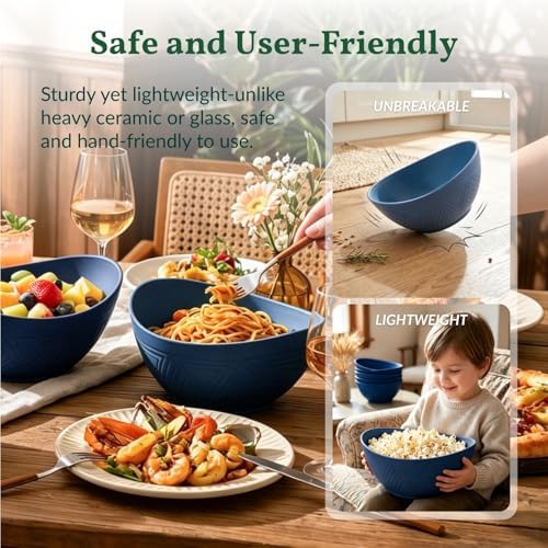 Homienly Wheat Straw Bowl Set of 6-60 OZ Large Salad Bowls,Microwave and Dishwasher Safe Bowl Set, Alternative for Plastic Bowls for Serving Soup,Popcorn Bowl for Kitchen - Blue