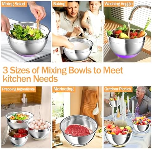 Nicdiet Mixing Bowls with Airtight Lids, Stainless Steel Mixing Bowl Set with 3 Metal Nesting Bowls, Colander & Grater, Non-Slip Bottoms, Size 1.5, 2.5, 5 QT, Great for Mixing & Serving, Mutilcolor