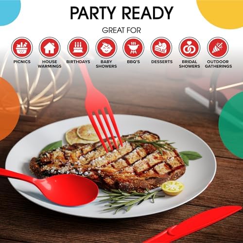 Party Solids Red Plastic Silverware 150 Pcs Red Cutlery Set