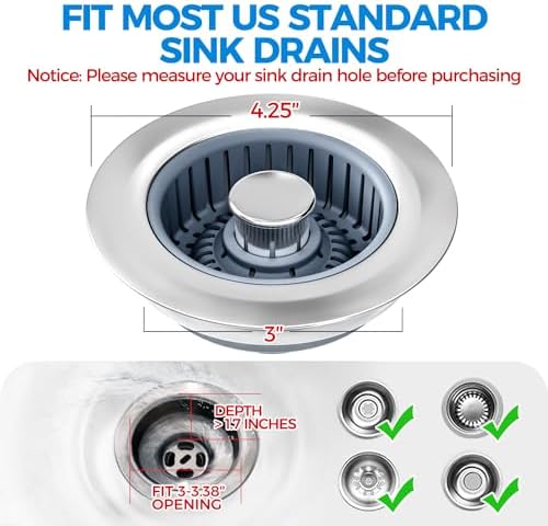 zaa 3 in 1 Kitchen Sink Drain Strainer Stopper Removable Basket Pop-Up