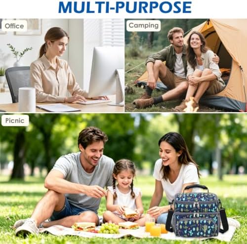 FlowFly Double Layer Cooler Insulated Lunch Bag Adult Lunch Box Large Tote Bag for Men, Women, With Adjustable Strap,Front Pocket and Dual Large Mesh Side Pockets