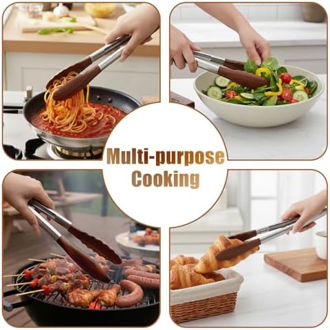 Wooden Tongs for Cooking with Stainless Steel Long Handle – Non-Slip Design, Hanging Hole, Perfect for BBQ, Salad Tossing & Serving, Household Creative Cooking Tongs (9 Inch)