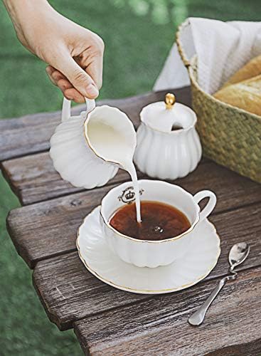 Royal Tea Cups and Saucers, with Gold Trim and Gift Box, British Coffee Cups, Tea Cup Set, Porcelain Tea Set, Cappuccino Cups, Latte Cups, Set of 6 (8 oz)- White