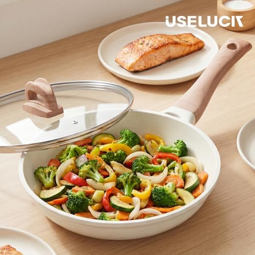 UESLUCK 11 Inch Creamic Non Stick Frying Pan With Lid- Large Creamic Skillet With lid, Omlet Pan Non Stick With Cool-Touch Handle, PFAS & PTFE Free, Compatible with All Stovetops